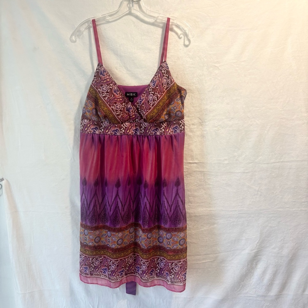 MSK Pink Purple Boho Festival Dress Size 12 – Paisley Empire Waist Tie Back